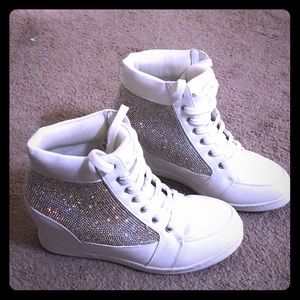 White Metallic high top wedge sneakers sz 7.5